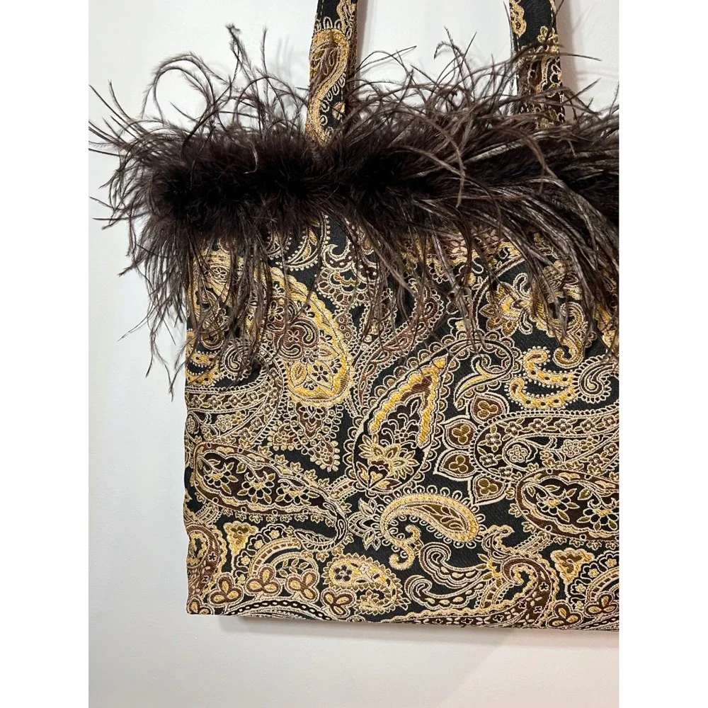CBK Paisley Feather Tote Bag Brown Gold Tapestry Ostrich Trim Statement Large OS